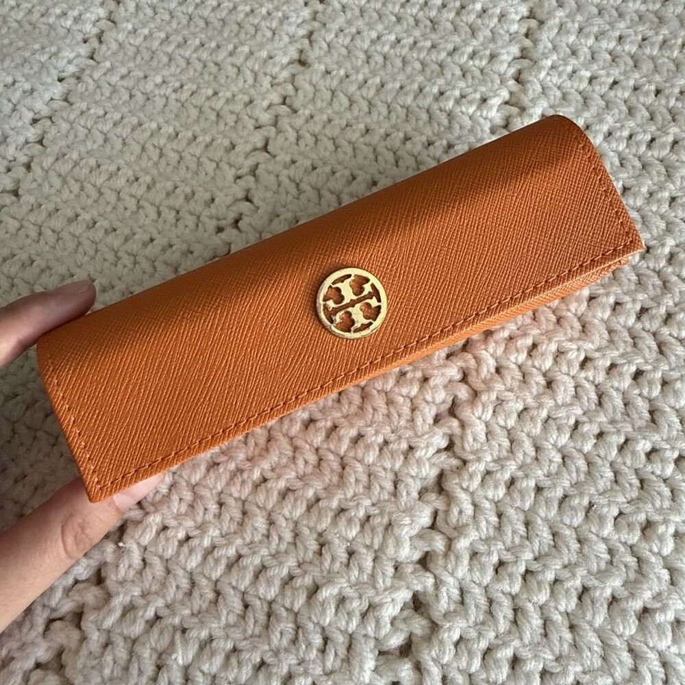 TORY BURCH Saffiano Leather Orange Gold Eyeglasses Reading Glasses Case Magnetic